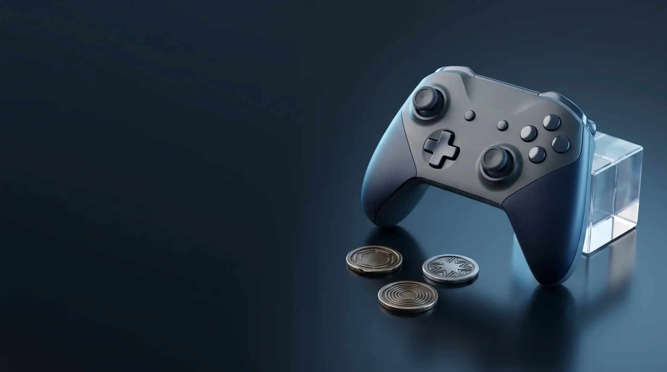 Game controller next to a crystal cube and seals