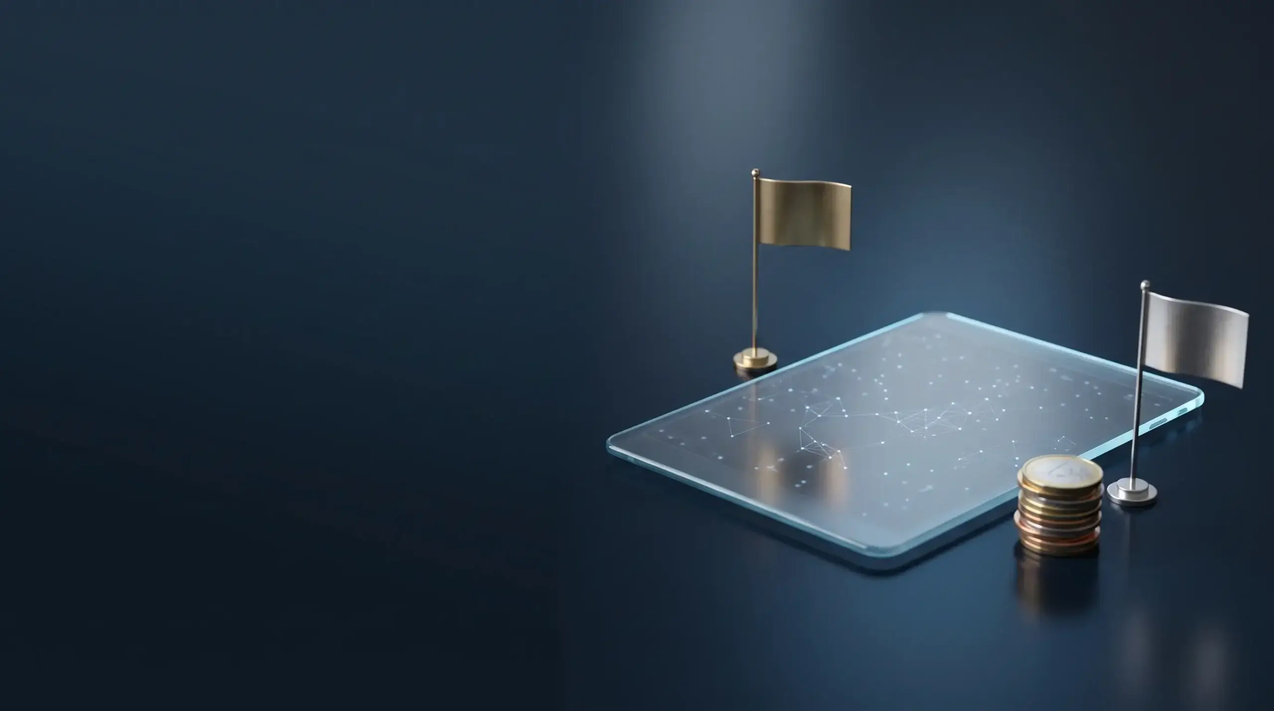 Glass tablet with a network of nodes, a stack of coins and small flags