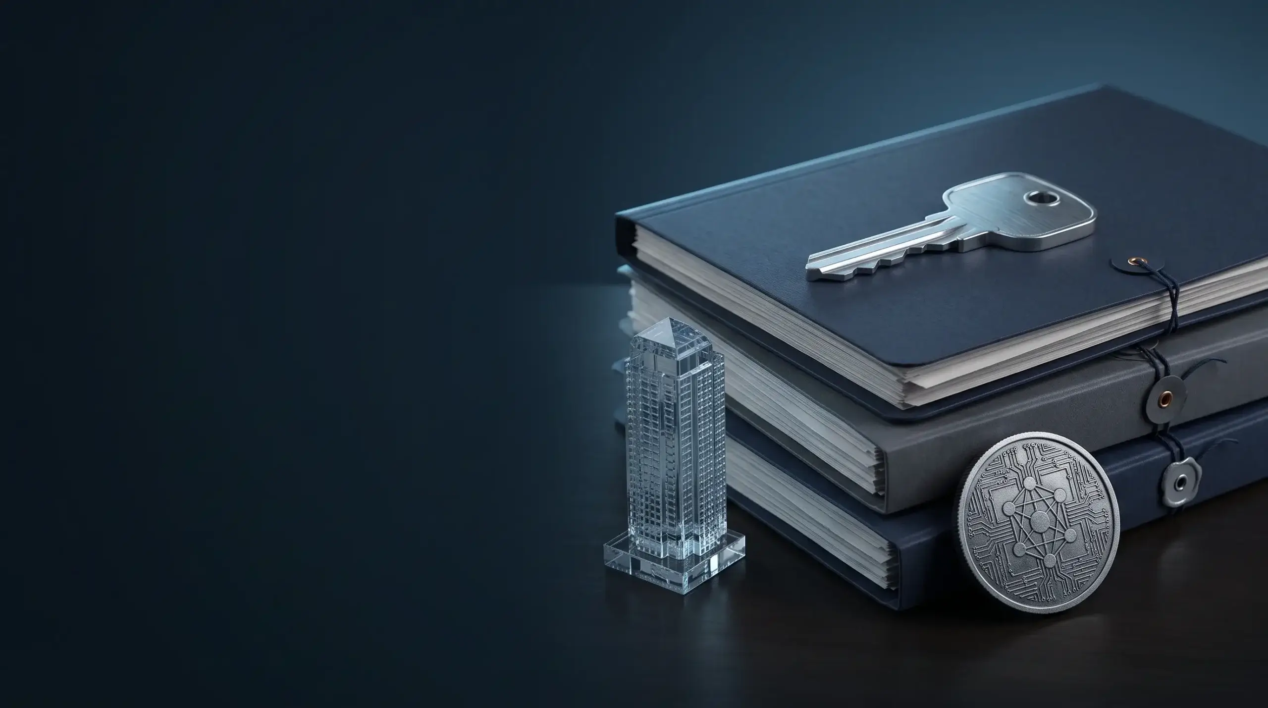 Key on a stack of legal folders next to a small building model