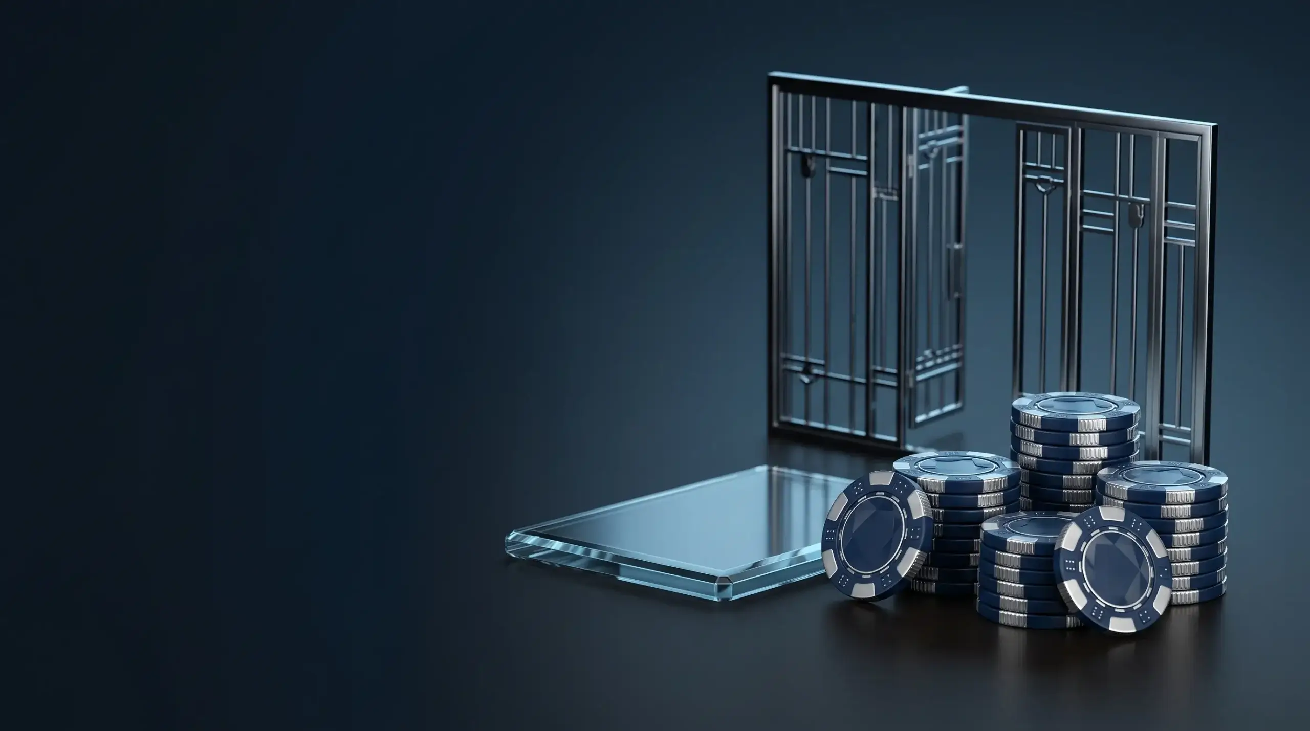 Casino chips and a glass panel with a gate slightly open