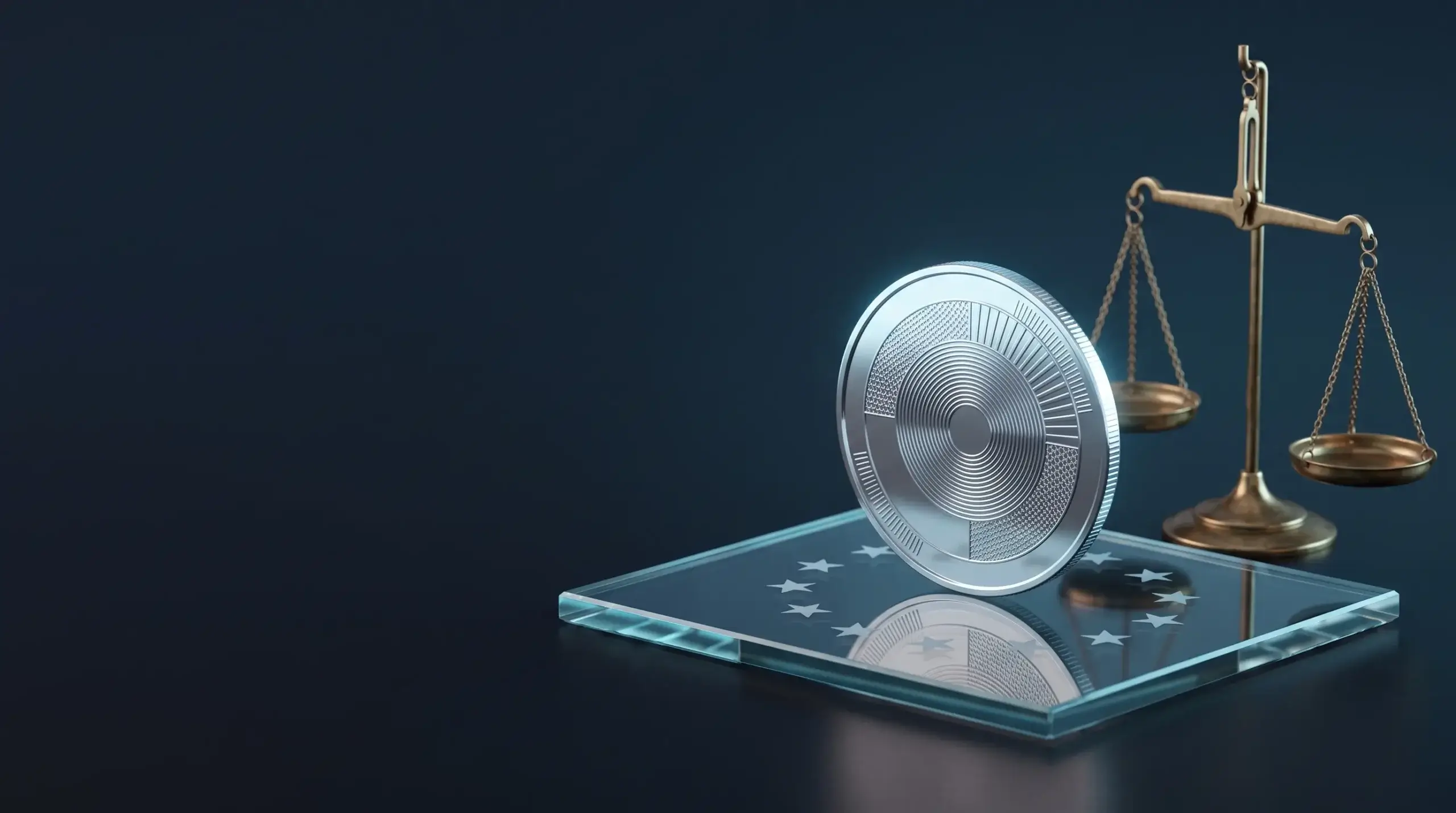 Token coin on a glass slab next to brass scales