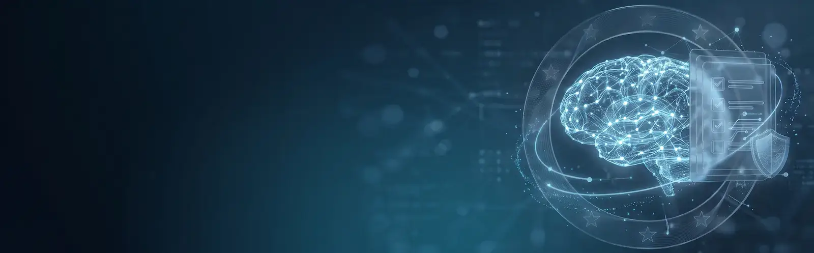 Neural network, checklist document and shield inside a ring of EU stars: AI Act compliance